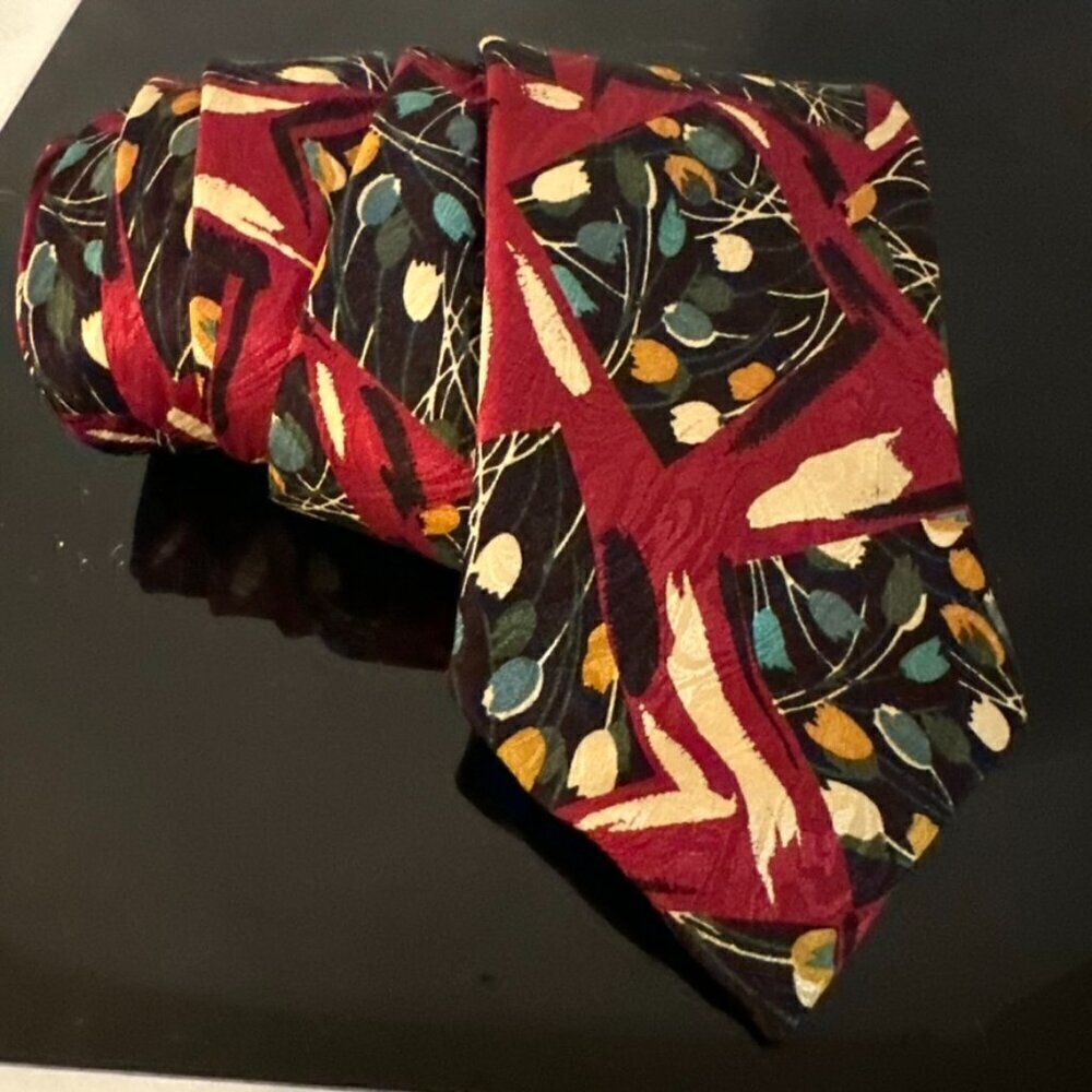 Fendi Silk Tie Necktie Neckwear Mens Red Turquoise Luxury Floral Painterly Green
